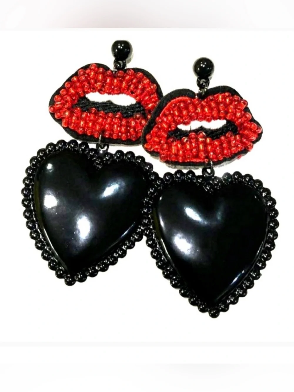 Beaded Red Lips & Black Heart Statement Earrings | 3.5” Lightweight | Kiss &Tell